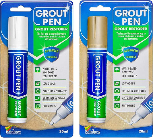 Grout Pen Tile Paint Marker: Waterproof Grout Colorant and Sealer Pen to Renew, Repair, and Refresh Tile Grout - Cleaner Coating Stain Pens - 2 Pack, 15mm Wide White and 15mm Wide Beige Tip