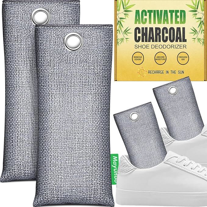 Activated Charcoal Odor Absorber for Strong Odor, Natural Shoe Deodorizer. Sneaker Odor Eliminator, 2 Pack Bamboo Charcoal Air Purifying Bags, Odor Remover Moisture Absorbers for Shoes