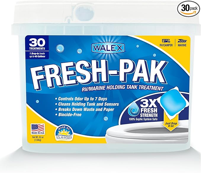 Walex Fresh-Pak RV/Marine Holding Tank Treatment - Black Water Holding Tank Deodorizer for Rapid Breakdown of Waste & Toilet Paper, Neutralizes Odors, Septic Tank Safe, Fresh Scent (Pack of 30)