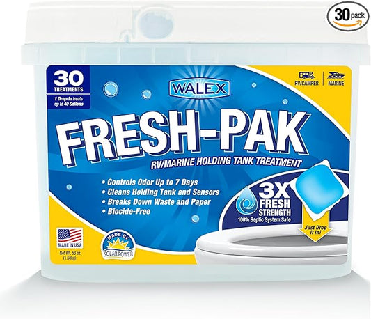 Walex Fresh-Pak RV/Marine Holding Tank Treatment - Black Water Holding Tank Deodorizer for Rapid Breakdown of Waste & Toilet Paper, Neutralizes Odors, Septic Tank Safe, Fresh Scent (Pack of 30)