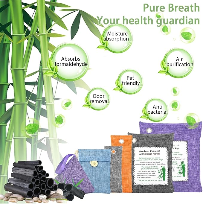 Charcoal Air Purifying Bags 6 Pack×200g Bamboo Charcoal Bags Odor Absorber, for Car Air Fresheners, Odor Eliminator for Home，Shoe Deodorizer - Colorful-Activated Charcoal Odor Absorbers