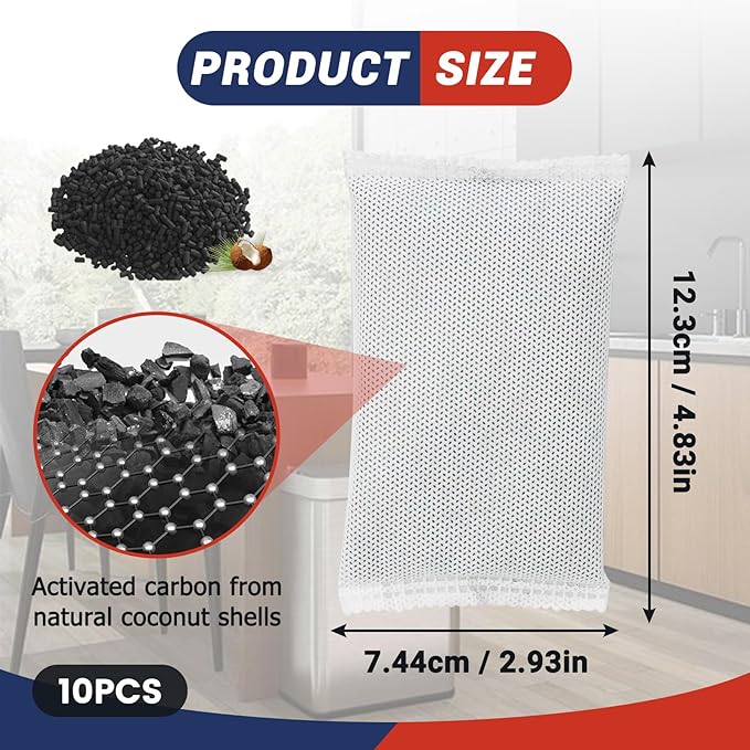10 Pack (1.2Pounds) Activated Charcoal Odor Absorber Filter Refills for iTouchless Trash Cans. Trash Can Odor Filter-Charcoal Odor Absorbing Bags, Each 4-Pack Fits an 8-gallon or Larger Trash Can