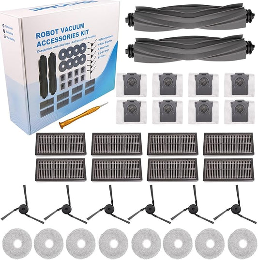 Replacement Accessories Parts Kit Compatible with Dreame L40 Ultra | X40 Ultra | Mova P10 Pro Ultra ??8 Robot Vacuum Dust Bags, 8 Mop Pads, 8 Filters, 6 Side Brushes, 2 Rubber Main Brushes