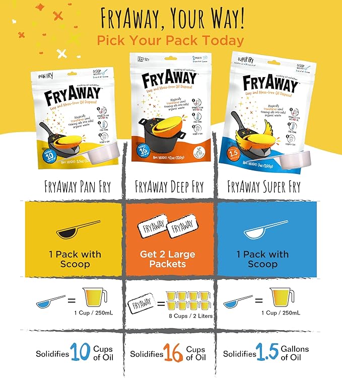 FryAway Super Fry Cooking Oil Solidifier, Super Value 3-Pack – Solidifies 4.5 Gallons Cooking Oils - Plant-Based Powder - Fry Oil Away for Mess-Free Cleanup and Disposal - Easy to Use, Made in the USA