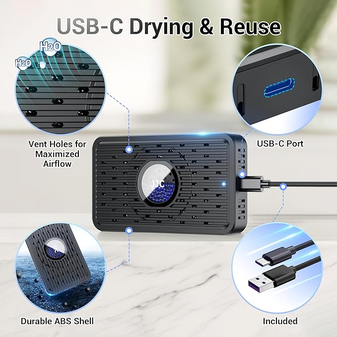 JJC Reusable Desiccant Dehumidifier with 70g Silica Gel, Portable Moisture Absorber for Gun Safe, Camera Lens Electronic Dry Cabinet, 3D Printer Filaments Storage, Guitar Bag & Closet, USB-C Charging