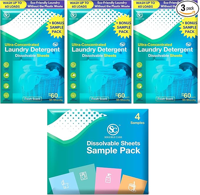 180 loads Laundry Sheets (Ultra-Concentrated, Earth Friendly, Liquid-Free Solution) + Sample Pack (Laundry, Foaming Hand Soap, Toilet & Floor Cleaner Dissolvable Sheets)
