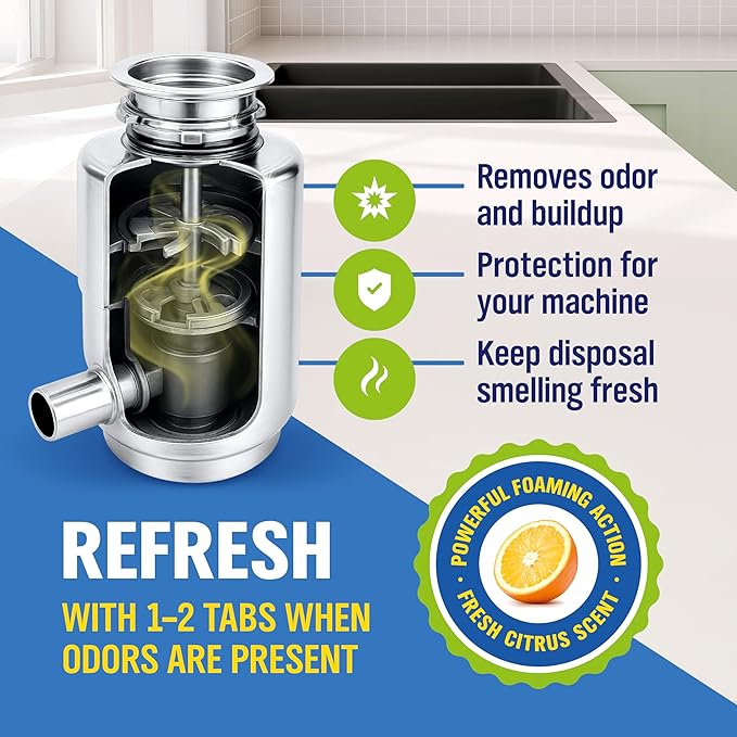 WoldoClean Garbage Disposal Cleaner Tablets - 24 Pack, Sink Drain Cleaner and Deodorizer, Fresh Citrus Foaming Action for Deep Kitchen Cleaning