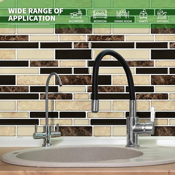 LONGKING 10-Sheet Brown Peel and Stick Backsplash Tile for Kitchen, Vinyl 3D Self-Adhesive Tile Stickers for Kitchen, Bathroom, Counter Top