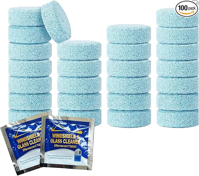 100 Pcs Windshield Washer Fluid Tablets – Solid Concentrated Glass Cleaner for Car, Kitchen, Windows – 1 Tablet Makes 1 Gallon – Effervescent Wiper Fluid, No Harsh Chemicals