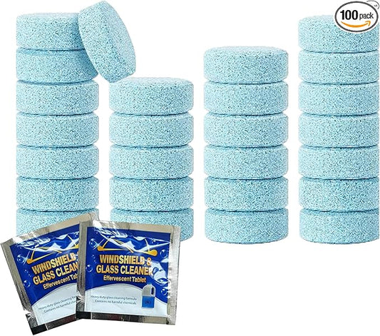 100 Pcs Windshield Washer Fluid Tablets – Solid Concentrated Glass Cleaner for Car, Kitchen, Windows – 1 Tablet Makes 1 Gallon – Effervescent Wiper Fluid, No Harsh Chemicals