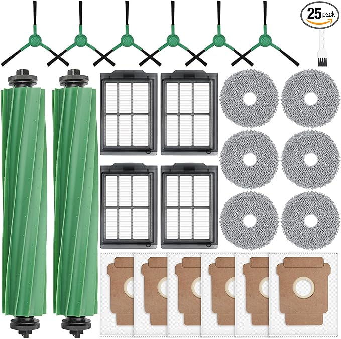 25 Pcs Replacement Parts for iRobot Roomba Plus 405 Combo/505 Combo /507 Combo Robot Vacuum Cleaner, Include 2 Main Brushes, 6 Dust Bags, 6 Mop Pads, 4 Filters, 6 Side Brushes and 1 Cleaning Tool