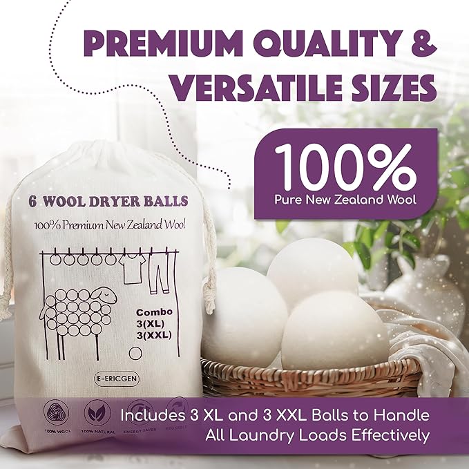 Wool Dryer Balls XL 6-Pack (3 XXL + 3 XL) – 100% New Zealand Wool, Hypoallergenic, Chemical-Free Fabric Softener – Reusable for 1,500+ Loads – Anti-Static & Baby-Safe
