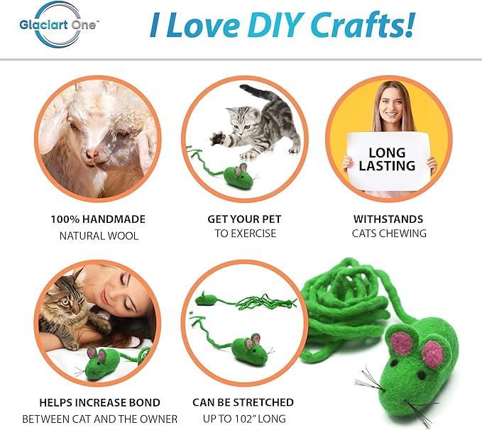Glaciart One Felt Mouse Cat Toy – Soft Fuzzy Enrichment 100% Natural Wool - Interactive Catnip Play Cat Toy Set - Safe for Pets, Non-AZO Colored Dyes - 100” Long