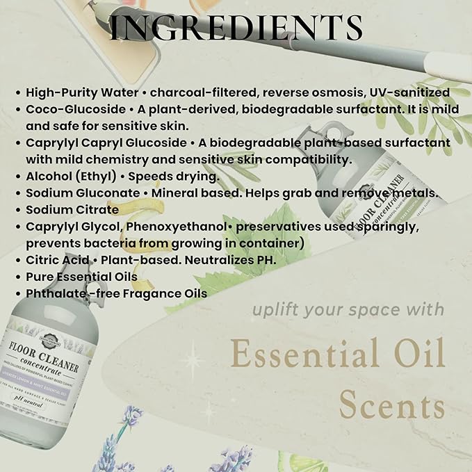 Rustic Strength Floor Cleaner Concentrate, Plant-Based, Lemon Lime Orange and Grapefruit Essential Oils, pH Neutral, 16 fl oz