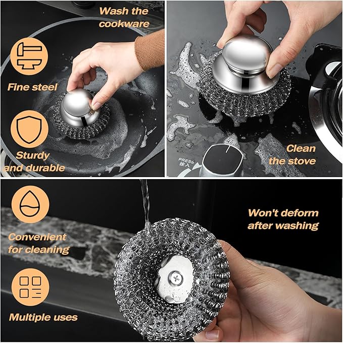 Heavy Duty Stainless Steel Scrubber Set - Long & Short Handle with 5 Steel Wool Pads, Cast Iron & Pot Scrubber for Dishes, Pans, Grills, Stoves