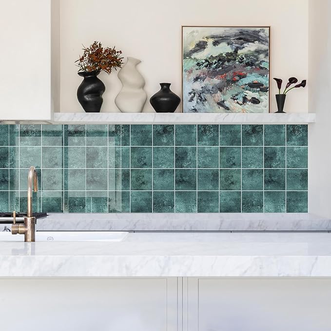 Peel and Stick Tiles for Kitchen Backsplash, New Upgrade Design 9" x9" SPC Square Marble Tiles, Marble Green Premium Mosaic Tiles(5-Sheet)
