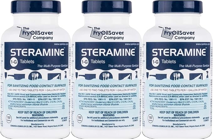 Steramine Quaternary Sanitizing Tablets - 150 Sanitizer Tablets per bottle, 3-Bottles