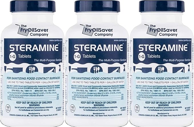 Steramine Quaternary Sanitizing Tablets - 150 Sanitizer Tablets per bottle, 3-Bottles