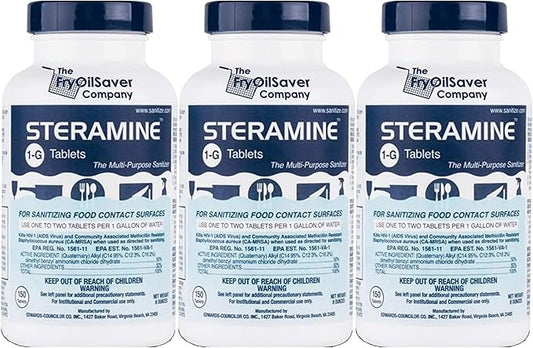 Steramine Quaternary Sanitizing Tablets - 150 Sanitizer Tablets per bottle, 3-Bottles