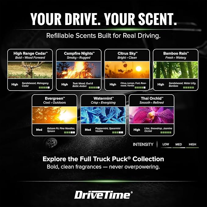 Drive Time Truck Puck Bamboo Rain Fragrancee Car Air Freshener – Long-Lasting Car Deodorizer, Refillable Vent & Visor Clip Auto Air Freshener for Car, Truck & SUV, Premium Fragrance, Pack of 3