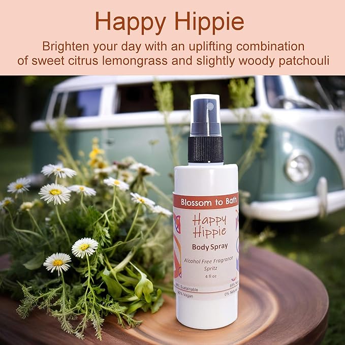 Blossom to Bath Happy Hippie Body Spray (4 Ounce) - Pure Essential Oil Fragrance - Energizes Skin with a Sweet Happy Herbal Scent
