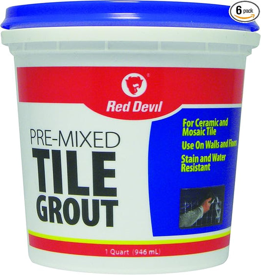 Red Devil 0424 Pre-Mixed Tile Grout - Professional Quality, Excellent Adhesion, Ideal for Wall & Floor Use - 1 Quart, White, Pack of 6, Made in USA