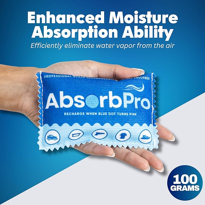 Rechargeable Dehumidifier Bag 10-Pack - 100g Reusable Moisture Absorbers - Silica Gel Packets for Bins, Totes, Gun Safe, Food Storage, Clothes, Cars, and Boats