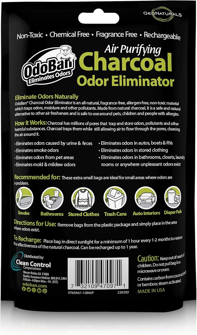 OdoBan Air Purifying Charcoal Natural Odor Eliminator, Non-Toxic Formula, Made in the USA, Fragrance Free, 10 Gram Bags, 72 Total