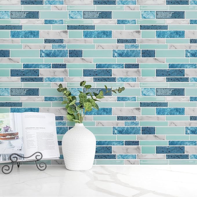 Vamos Tile 10 Sheets Peel and Stick Tile Backsplash, 12"x12" Light Color Stick on Wall Tiles, Self Adhesive Tile Sticker for Kitchen Backsplash and Bathroom(Blue Marble Look)