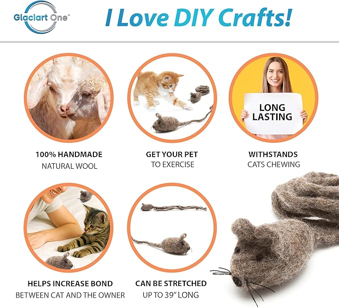 Glaciart One Felt Mouse Cat Toy – Soft Fuzzy Enrichment 100% Natural Wool - Interactive Catnip Play Cat Toy Set - Safe for Pets, Non-AZO Colored Dyes - 42” Long