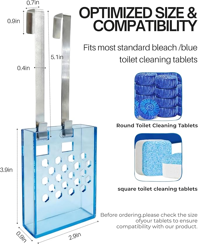 Toilet Tank Cleaning Tablet Holder with Adjustable Stainless Steel Hook – Hanging Dispenser Carrier for Toilet Bowl Cleaners – Prevents Residue Buildup and Tank Damage (Sky Blue, Trumpet)