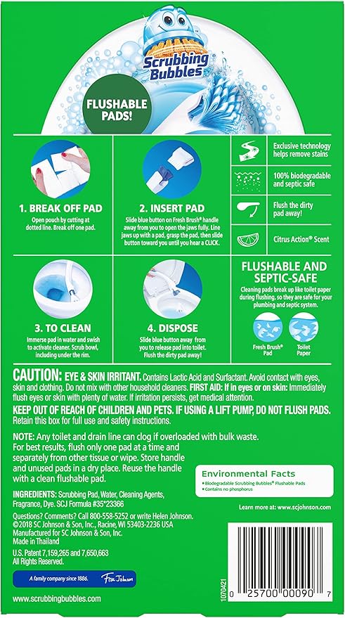 Scrubbing Bubbles Fresh Brush Flushable Refill Pads for Toilet Cleaning System, Citrus Action Scent, Toilet & Toilet Bowl Cleaner, 10 CT Refill Pads/Pack (Pack of 1)