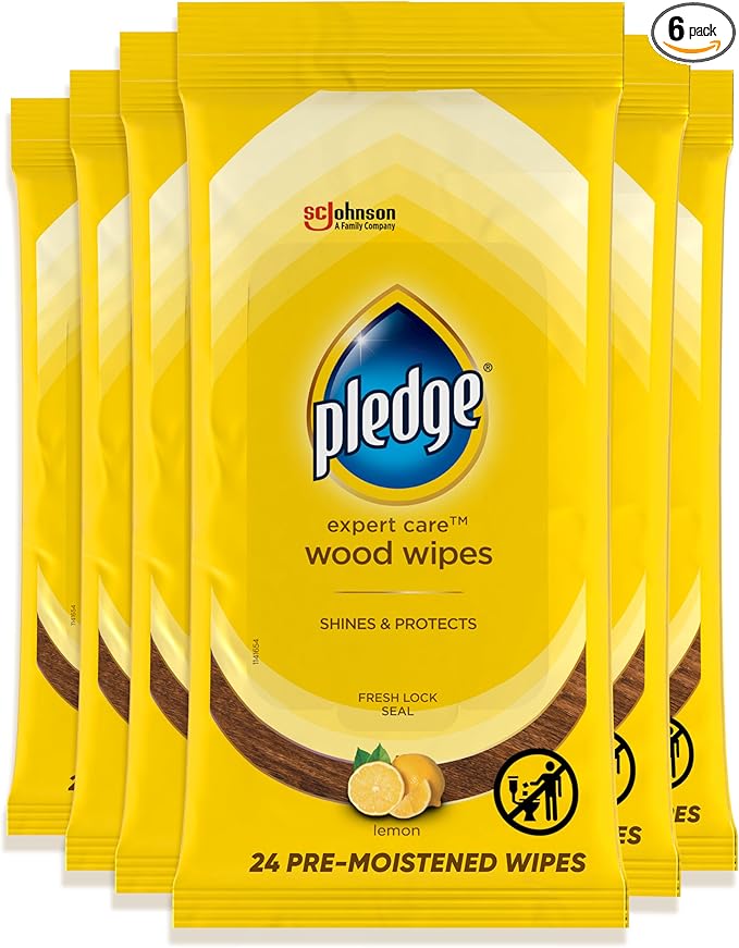 Pledge Expert Care Enhancing Wood Wipes, Lemon Scent (Pack of 6, 144 Total Count), Yellow