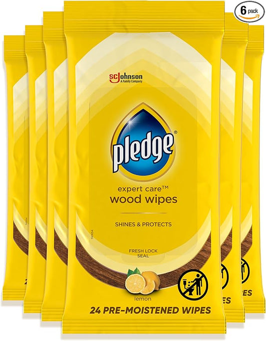 Pledge Expert Care Enhancing Wood Wipes, Lemon Scent (Pack of 6, 144 Total Count), Yellow