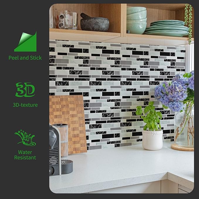 LONGKING 10-Sheet Peel and Stick Tile Backsplash, Vinyl 3D Self-Adhesive Tile Stickers for Kitchen, Bathroom, Counter Top, Marble 79