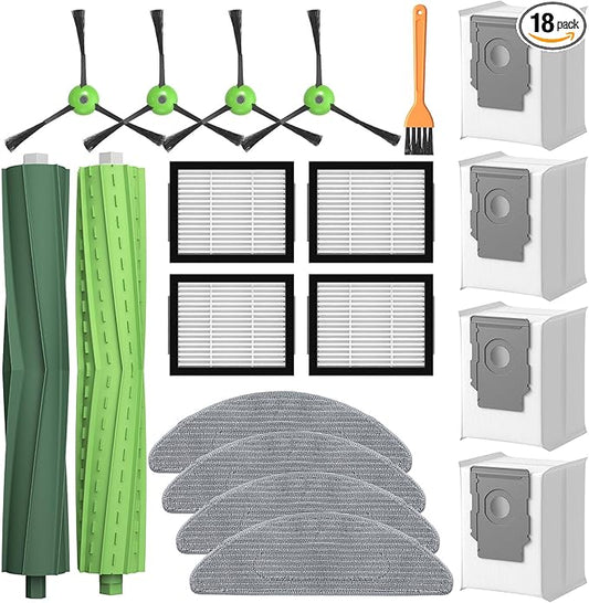 Replacement Parts for iRobot Roomba Combo i5, i5+, j5, j5+ Robot Vacuum Cleaner, Accessories Kit: Dual Multi-Surface Rubber Brushes + 4 Filters + 4 Mop Pads + 4 Vacuum Bags + 4 Edge-Sweeping Brush