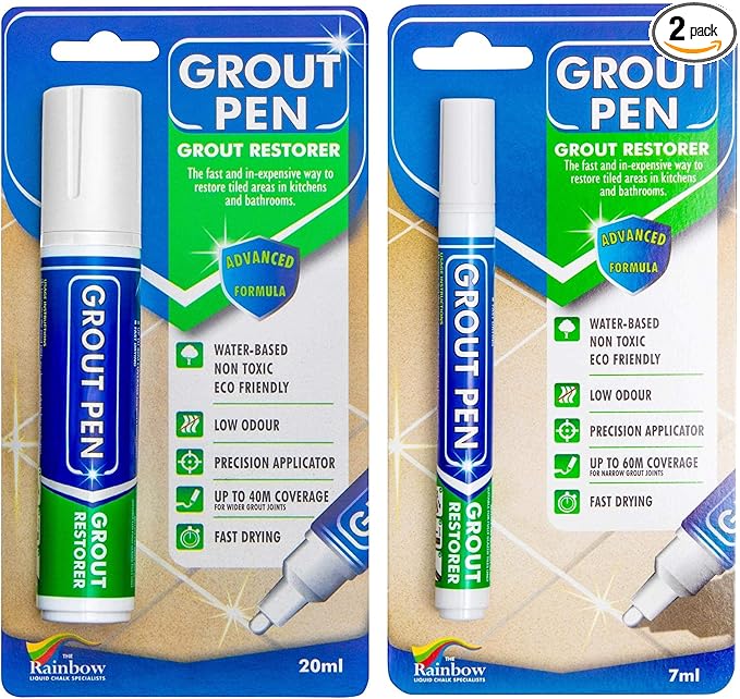 Grout Pen Tile Paint Marker: Waterproof Grout Colorant and Sealer Pen to Renew, Repair, and Refresh Tile Grout - Cleaner Coating Stain Pens - 2 Pack, 5mm Narrow and 15mm Wide Tip Pen - White