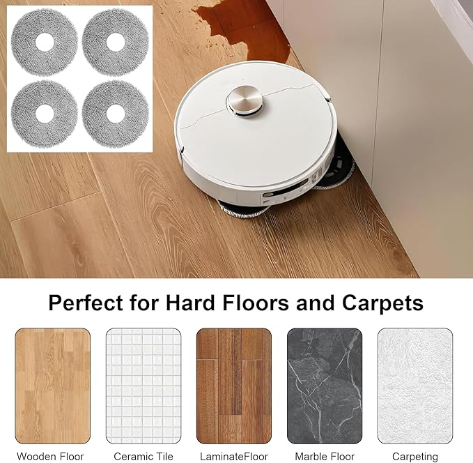 4 Pcs Replacement Mop Pads for iRobot Roomba Plus 405 Combo Robot/505 Combo Robot, for Dreame X40 Ultra Complete/L10s Pro Ultra Heat/X40 Master/L40 Ultra/L10s Ultra Gen 2 Robot Vacuum