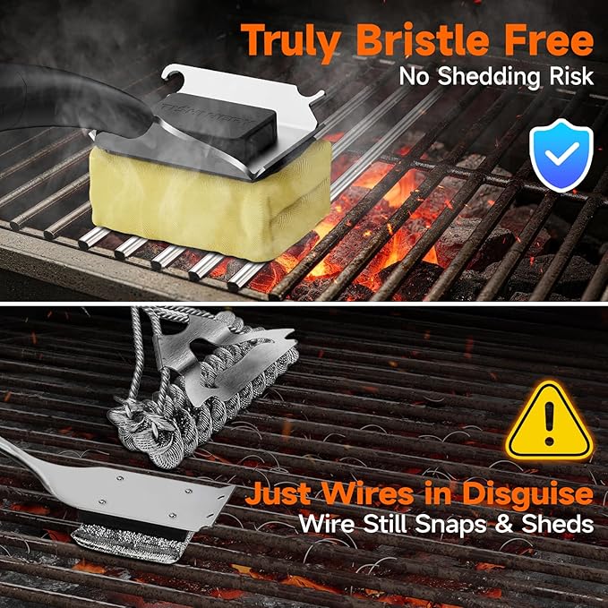 Bristle Free Grill Brush with Scraper for Outdoor Grill Cleaning, Safe Steam BBQ Grill Cleaner, Replaceable Head, Grilling Accessories for Cast Iron, Stainless Steel, Porcelain, Ceramic Grates - Black