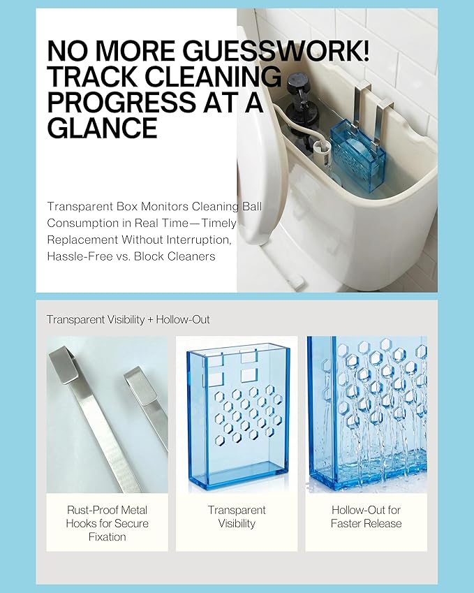 Toilet Tank Cleaning Tablet Holder with Adjustable Stainless Steel Hook – Hanging Dispenser Carrier for Toilet Bowl Cleaners – Prevents Residue Buildup and Tank Damage (Sky Blue, Trumpet)
