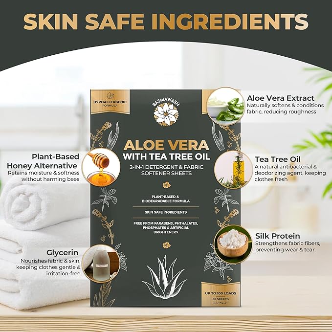 Natural Laundry Detergent Sheets & Fabric Softener | Eco-Friendly|Fragrance-Free & Hypoallergenic Up to 100 Loads | Aloe Vera & Pure Tea Tree Oil | Plant-Based, Biodegradable, Enzyme Powered,Baby Safe
