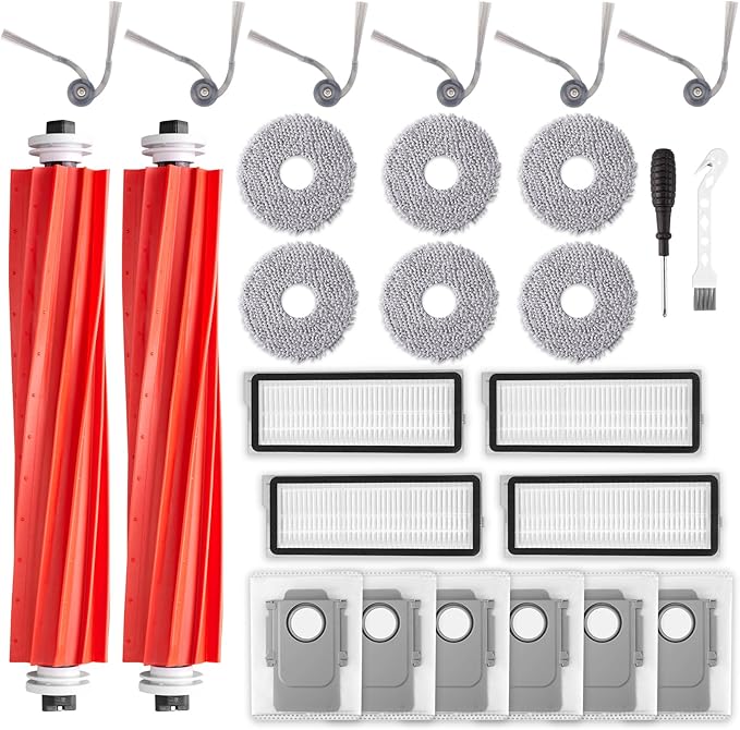 26 Pack Accessories for Roborock QV 35A / QV 35S Vacuum Robot, Replacement Accessories 2 Main Brush 6 Mop Pads 6 Dust Bags 6 Sidebrush 4 Filter 1 Cleaning Brush 1 Screwdriver