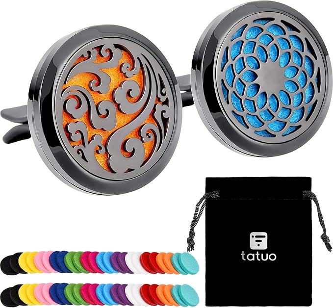 2 Pieces 316l Car Aromatherapy Essential Oil Diffuser Air Freshener with Vent Clip 48 Felt Pad Christmas Gift for Women Men(Cloud, Sunflower Patterns)