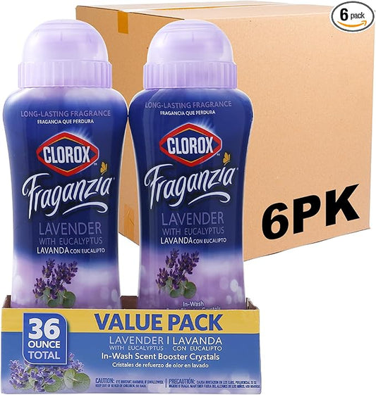 Clorox Fraganzia Laundry Scent Booster Crystals, In-Wash Fragrance Beads for Fresh-Smelling Clothes & Linens, Safe for All Fabrics & Colors, Lavender with Eucalyptus, 36 Oz - 6 Pack