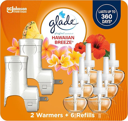 Glade PlugIns Refills Air Freshener Starter Kit, Scented and Essential Oils for Home and Bathroom, Hawaiian Breeze, 4.02 Fl Oz, 2 Warmers + 6 Refills