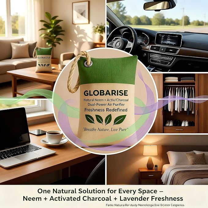 GlobaRise™ Dual Power Charcoal + Neem Odor Absorber Bags Natural Air Purifier Bags for Home, Car, Shoes & Pets | Activated Charcoal Deodorizer Eliminator | Eco-Friendly & Reusable | 100g, Pack of 6