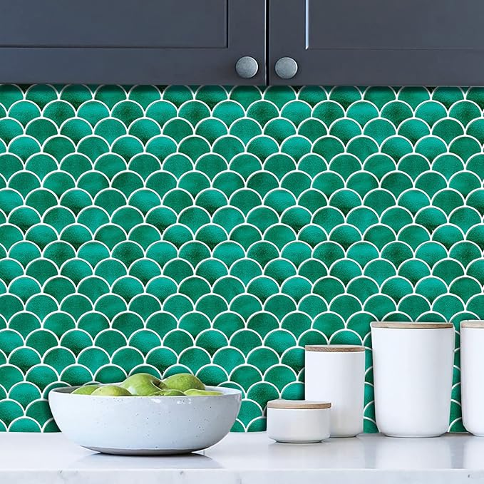 Peel and Stick Fish Scale Tile for Kitchen and Bathroom Backsplash, Green, 10 Sheets of 12x12 inches, Modern, Textured, Waterproof