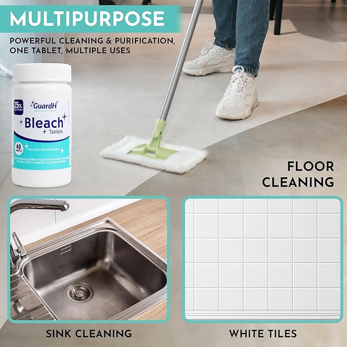 Bleach Tablets 40 Count – Multipurpose Cleaning Tablets for Laundry, Toilet Bowl, Bathroom Tile and Kitchen Surfaces – Liquid Bleach Alternative, Fast Dissolving Formula