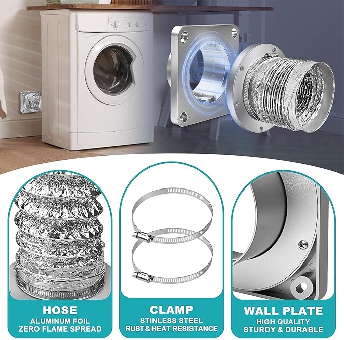 Dryer Vent Cleaner Kit, 4 Inch Magnetic Connector Aluminum Flexible Hose Dryer Vent Vacuum Attachment with Quick Connect Seal Dryers Lint Cleaner for Laundry Room Duct Use