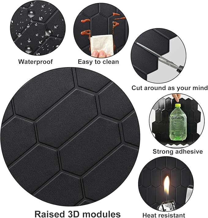 Matte Black Long Hexagon Peel and Stick Wall Tiles for Kitchen, 10-Sheet Stick on Tiles Backsplash for Bathroom, Large Self-Adhesive Kitchen Backsplash (12''×12'')
